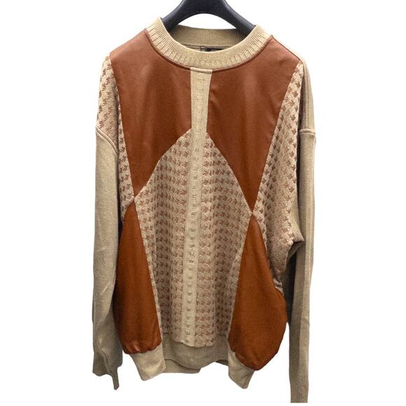 Vintage Retro 90's Bagazio Men's Faux Leather Patch Sweater Tan Brown XL - Picture 1 of 4